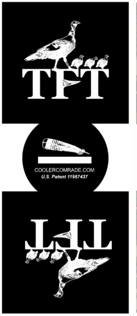Cooler Comrade artwork proof for the TFT black koozie, showing the front and bottom print layout.