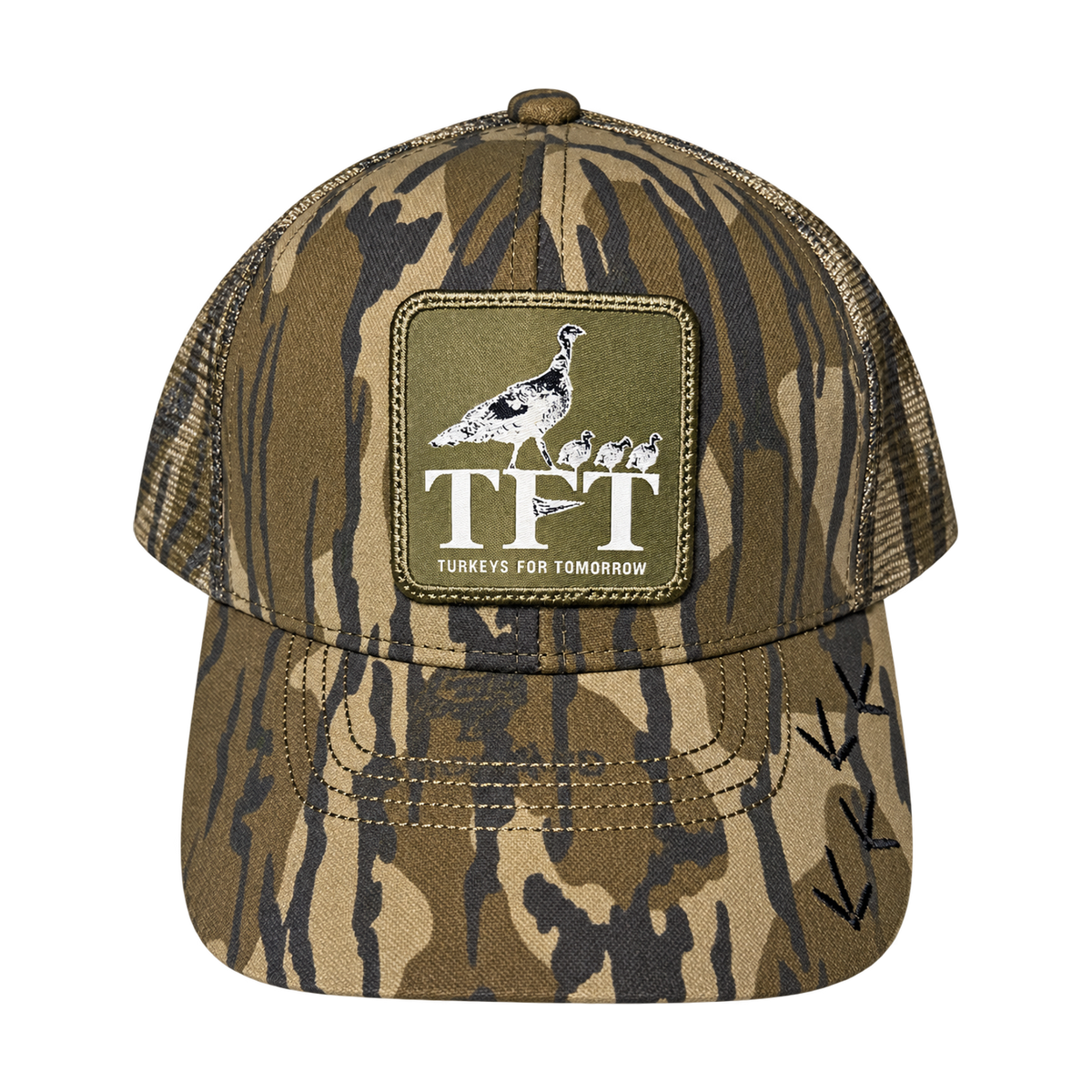 Front view of the Bretmor Mossy Oak Bottomland mesh cap with TFT hen-and-poults patch and embroidered turkey tracks.